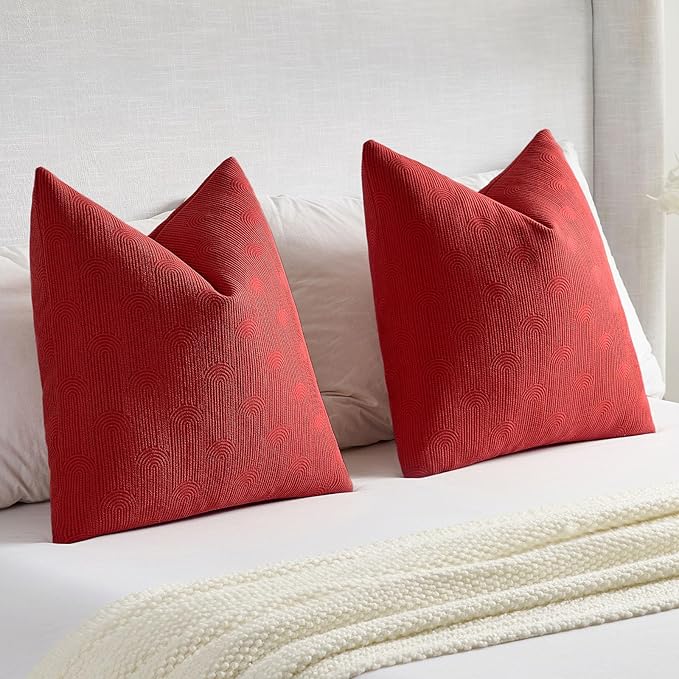 FUTEI Christmas Red Chenille Decorative Throw Pillow Covers 22x22 Inch Set of 2,Soft Cozy Striped Geometric Patterns Cushion Cases,Modern Home Decor for Couch Bed Living Room