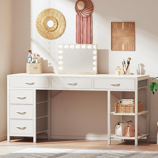 Huuger Computer Desk with 6 Drawers, 54 Inch Office Desk with Shelves, Reversible Gaming Desk, Corner Desk with Storage, Work Desk for Home Office, Study, Living Room, White