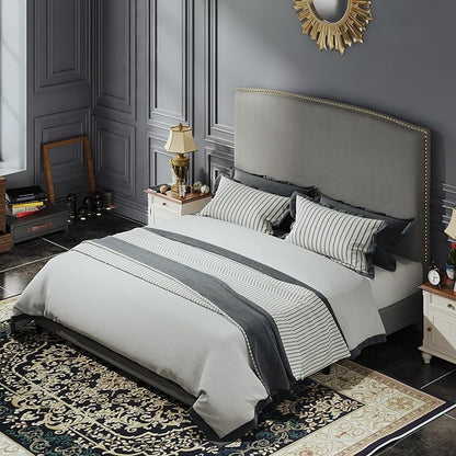 Full Size Bed Frame with Headboard, 56" Upholstered Platform Bed with Nailhead Trim, Soft Boucle Fabric, No Box Spring Needed, Easy Assembly, Grey