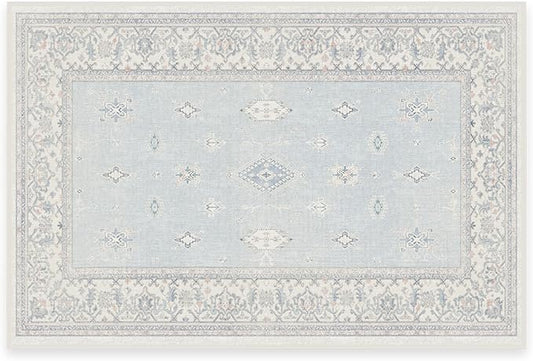 RUGGABLE Washable Vintage Area Rug – Verena Soft Blue 2x3, Stain-Resistant, Non-Slip – Small Machine Washable Rugs for Living Room, Bedroom, Hallway, Entryway & Bathroom–with Cushioned Pad