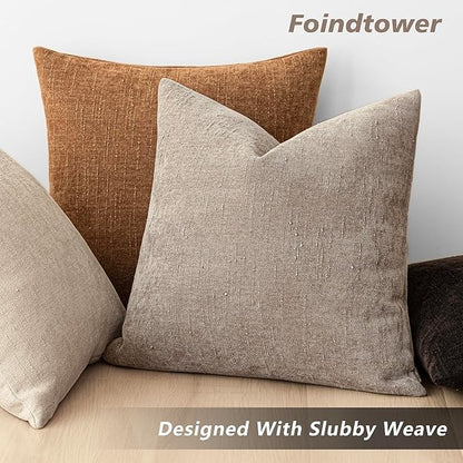 Foindtower Set of 2 Soft Textured Chenille Throw Decorative Pillow Covers Square Accent Solid Cushion Cover Cozy Neutral Farmhouse Pillow Case for Couch Sofa Bedroom Living Room 20x20 Inch,Light Taupe