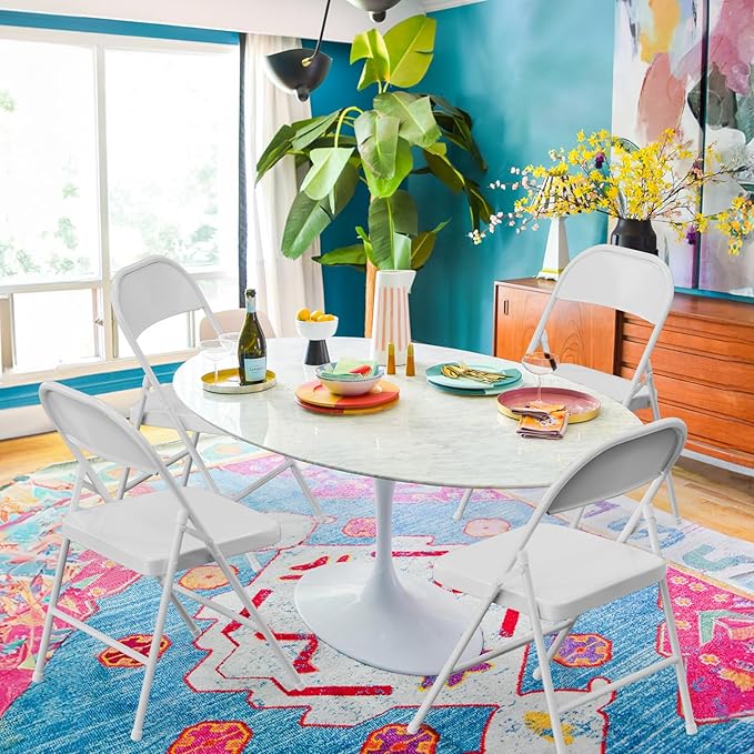VINGLI Folding Chairs All Steel Metal Frame, Capacity 350 lbs, Durable Portable and Versatile for Indoor Outdoor Use, White, Set of 4