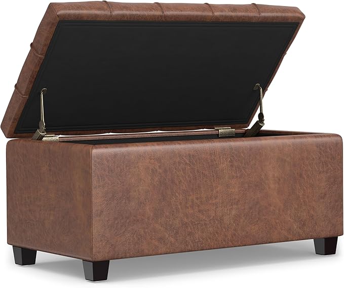 SIMPLIHOME Sienna 33 inch Wide Transitional Rectangle Storage Ottoman Bench in Distressed Saddle Brown Vegan Faux Leather, Assembled, for The Living Room, Entryway and Family Room