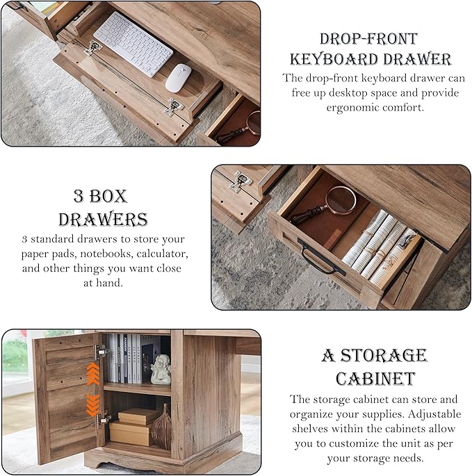 RedLemon 60" Farmhouse Executive Desk with Drawers, Wood Home Office Desk w/Charging Station, Keyboard Tray, File Drawer, Storage Cabinet, Rustic Computer Writing Desk (Natural Oak)