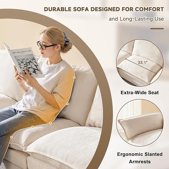 114 Inch Modular Couch Sectionals with Ottoman, Big Comfy Cloud Couches, L Shaped 4 Seat Modular Sectional Sofa, Modern Cloud Sectional Couches for Living Room, Deep Seat Sofa, Beige