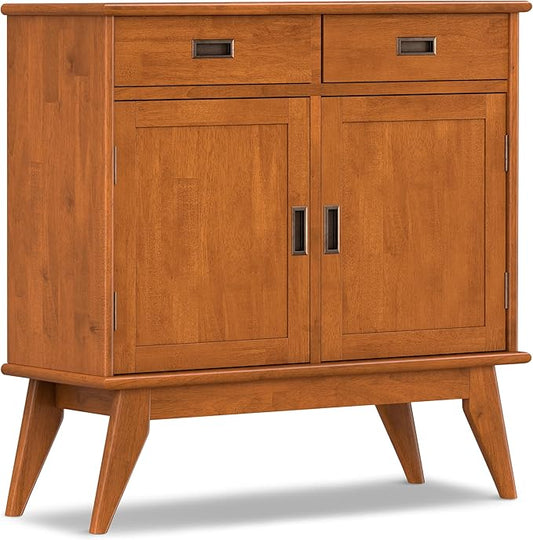 SIMPLIHOME Draper Solid Hardwood 36 inch Wide Mid Century Modern Entryway Storage Cabinet in Teak Brown for The Living Room, Entryway and Family Room