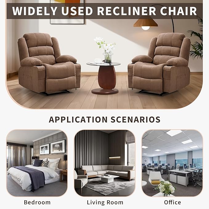 Large Recliner Chair for Adults Overstuffed Fabric Manual Pull Tab Recliner with Cup Holders, Side Pocket, 3-Position Recline, Minimalist Style Single Sofa Chair for Living Room Bedroom, Brown