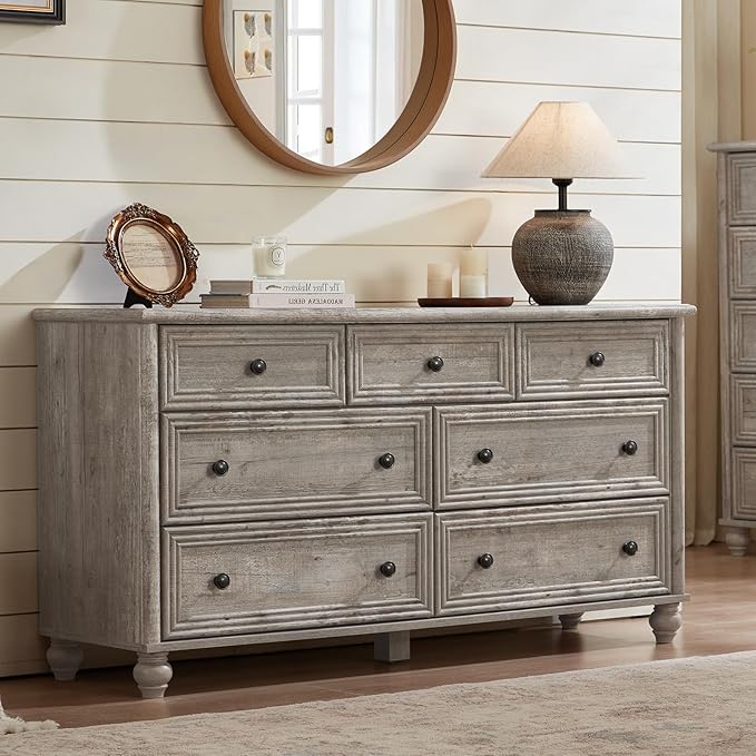 7 Drawers Dresser for Bedroom, Farmhouse 54" Wide Wood Dressers Chest of Drawers, Vintage Design TV Stand, Rustic Storage Dresser Organizer with Metal Handle Closet for Living Room, Hallway