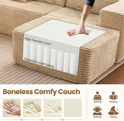 Cloud Sectional Couch with Chaise, Boneless U-Shaped Cloud Couch with Deep Seat, Soft Plush Modern Minimalist Sofa, Assembly Free Modular Floor Sofa for Office Living Room Apartment, Beige