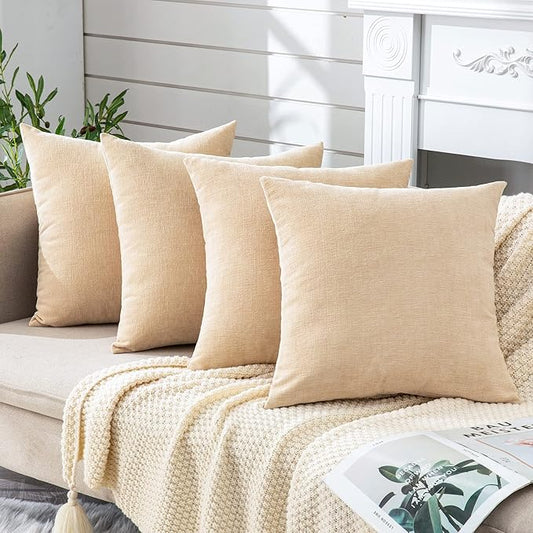 GAWAMAY Decorative Square Throw Pillow Covers 18"x18" Inch Set of 4, Super Soft Chenille Pillows Farmhouse Fall Pillowcase for Living Room Bedroom Sofa Couch Cushion Cover Beige 45x45cm (No Insert)