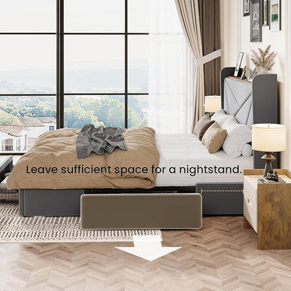 SHA CERLIN Queen Bed Frame with 3 Drawers, USB & Type-C Charging Ports, Velvet Upholstered Platform Bed with Modern Geometric Wingback Storage Headboard, No Box Spring Needed, Easy Assembly, Grey
