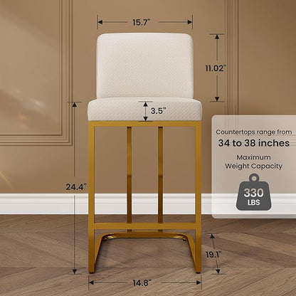 PHI VILLA White and Gold Bar Stools Set of 3, Faux Leather Counter Height Chairs, Kitchen Stools for Island, 24 Inch Barstools with Back