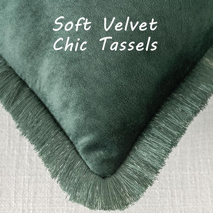 FUTEI Christmas Army Green Velvet Decorative Throw Pillow Covers 22x22 Set of 2,Soft Cozy Edge with Tassels Cushion Case,Boho Modern Home Decor for Couch Bed Living Room