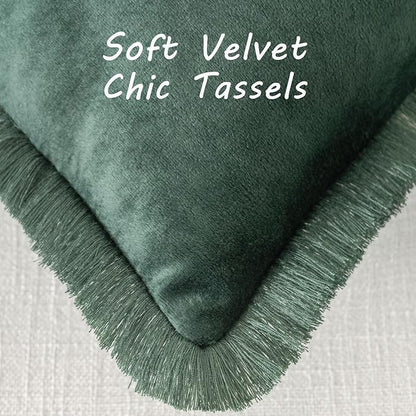 FUTEI Christmas Army Green Velvet Decorative Throw Pillow Covers 16x16 Set of 2,Soft Cozy Edge with Tassels Cushion Case,Boho Modern Home Decor for Couch Bed Living Room