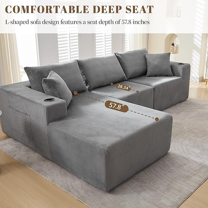 107" Cloud Sectional Couch, Modular Sectional Sofa with L-Shape Chaise, Corduroy Boneless Couch with Deep Seat, Upholstered Sofa for Living Room, No Assembly Required(Left-Facing Chaise, Dark Grey)