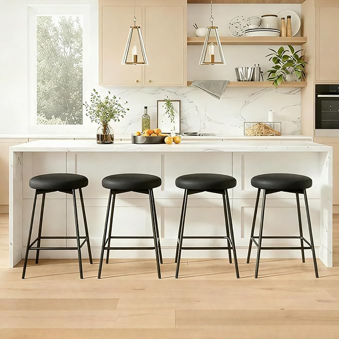 Swivel Bar Stools Set of 3, 24" Counter Height Bar Stool, Backless Barstools with Faux Leather Upholstered Seat&Sturdy Wood Legs for Kitchen Island, Black