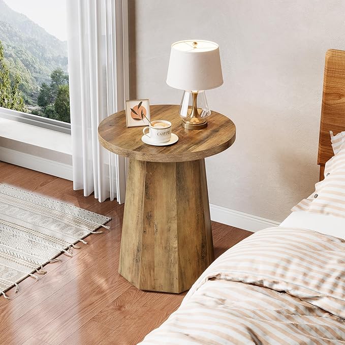 Tribesigns Farmhouse Round End Table, Wooden Couch Side Table with Octagonal Base, Rustic Brown Nightstand Pedestal Accent Furniture for Living Room, Bedroom (2)