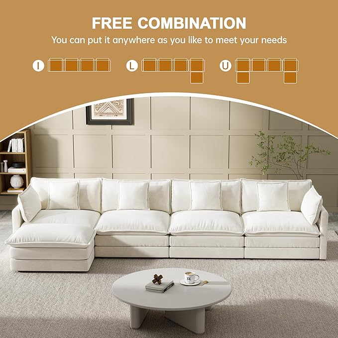 Modular Sectional Sofa, 146.5 Inch L-Shaped Cloud Sofa with Deep Seat Chenille Sofa with Cushions, Four Seater Sectional Sofa for Living Room Apartment,White