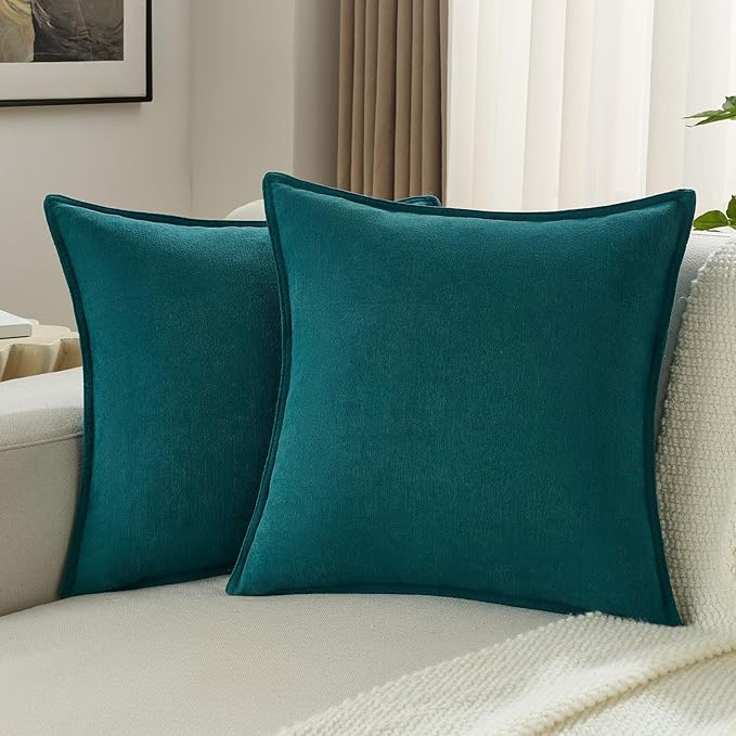 FUTEI Teal Chenille Throw Pillow Covers 24x24 Inch Set of 2,Edges Double-Stitched European Cushion Cases,Modern Home Decor for Couch Living Room