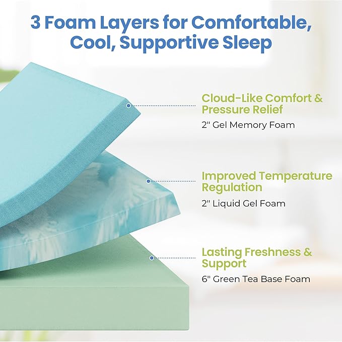 Yaheetech 10 Inch Queen Mattress, Fiberglass Free, 3 Foam Layer Cooling Gel Memory Foam Mattresses, Green Tea for Fresher Sleep, Medium Firm, CertiPUR-US Certified, Mattress in a Box