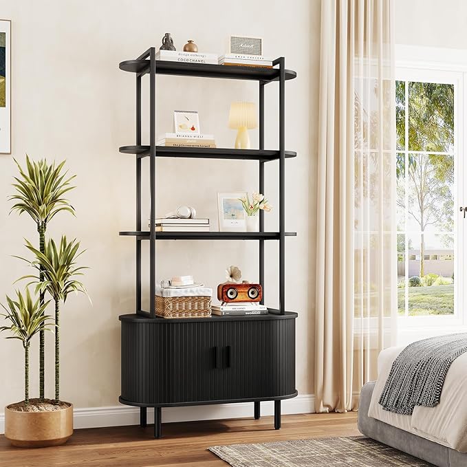 71" Tall Fluted Bookshelf with Sliding Tambour Doors, 4-Tier Mid Century Modern Metal Bookcase Cabinet w/Open Display Storage Shelf, Display Cabinet for Office, Living Room Black