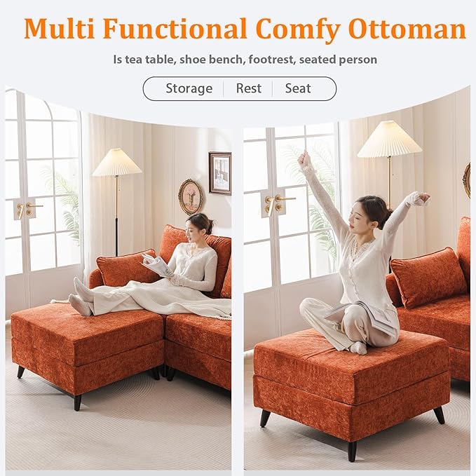 135'' Modular Sectional Sofa with All Seats Storage, Oversized Sleeper Sofa Bed for Living Room,4-Seater Comfy Cloud Couches with Movable Ottoman,Big Sectional for Bedroom,Velet,Orange