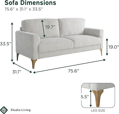 Studio Living® Matthew 75.6" Sofa, Mid-Century Modern, Pocket Coil Comfort, Metal Brushed Bronze Legs, Chenille Fabric, Ivory