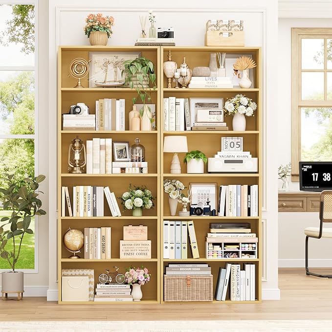 FOTOSOK 70.8" Tall Bookcase Shelf, 6 Tier Wide Bookshelf with Storage, Billy Bookcase Set of 2, Large Bookshelf for Living Room, Home Office, Natural