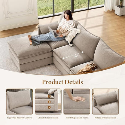 Vesgantti 142" Cloud Couch Sectional Modular Sofa, Comfy Sectional Couch with Ottoman Deep Seat Chenille L Shaped Sofa, Modular Couches for Living Room, Bedroom and Apartment, Light Brown