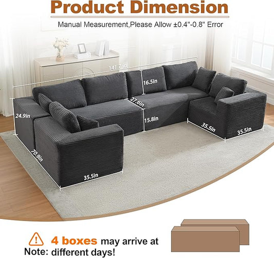 Modular Sectional Cloud Couch for Living Room,Modern Boneless Couche Set with Plush Corduroy,Comfy Floor Sofa with Memory Foam,Stupendous U Shaped Sofa,No Assembly Required,Grey