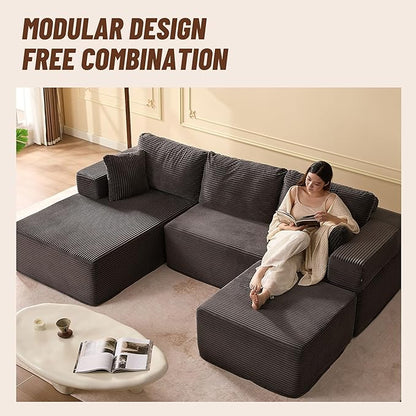 107" Boneless Couch with Deep Seat, Modular Sectional Sofa, Cloud Sectional Couch for Living Room, No Assembly Required, Corduroy, U-Shape 3 Seater Left, Gray