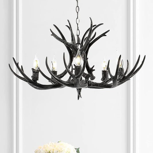 JONATHAN Y JYL6300C Eldora 30" Adjustable Resin Antler 5-Light LED Chandelier, Glam, Rustic,Cottage,Transitional, Dimmable Dining Room, Living Room, Kitchen, Foyer, Bedroom, Black
