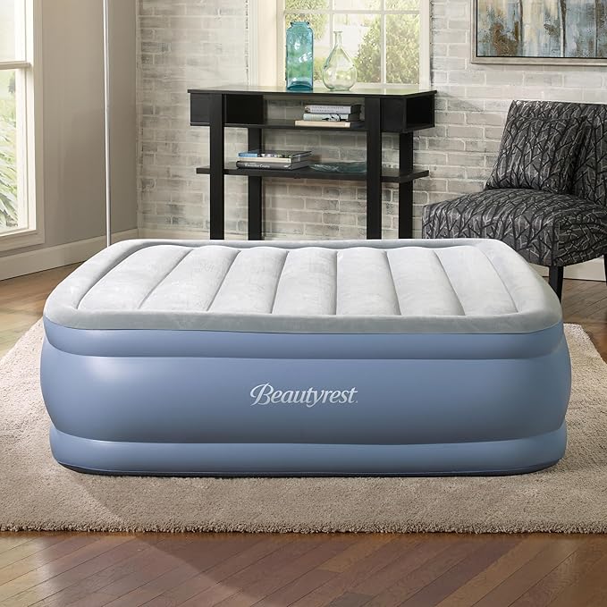 Beautyrest Hi-Loft Queen Size Air Mattress with Vertical Beam Construction, Edge Support, External Pump and Puncture Resistant Vinyl for Guests and Camping