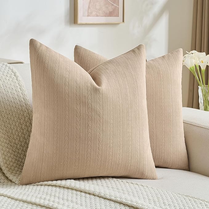 FUTEI Khaki Decorative Throw Pillow Covers 26x26 Inch Set of 2,Soft Cozy Wheat Ear Striped Patterns Euro Pillow Shams,Modern Home Decor for Couch Bed Living Room