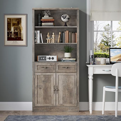 71.4" Tall Bookshelf with Drawers & Cabinet, 5-Tier Floor Standing Bookcase with Storage Doors, Adjustable Shelves & Metal Handles, 31.5" Wide Organizer for Home Office, Living Room