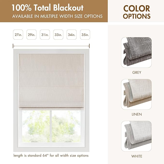 Madison Park Cordless Roman Shades, Total Blackout Window Blind Privacy Window Shades, Thermal Insulated Cordless Window Treatment for Bedroom, Living Room, Quincy, Single Panel 34" W X 64" L Linen
