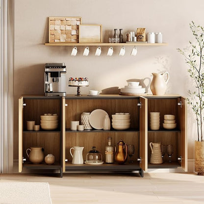 WAMPAT Modern Sideboard Buffet with 8 Doors, Multifunctional Sideboard with Large Storage and T-Shaped Legs, Coffee Bar Cabinet Storage for Kitchen, Living Room, Oak