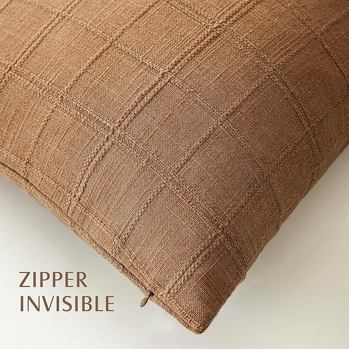 Foindtower Set of 2 Decorative Linen Check Throw Pillow Covers Neutral Farmhouse Vintage Cushion Covers Modern Boho Home Decor for Sofa Chair Couch Bedroom Living Room,26×26 Inch,Brick