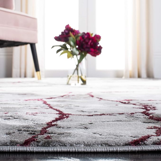 SAFAVIEH Craft Collection Area Rug - 6'7" Round, Grey & Wine, Modern Abstract Design, Non-Shedding & Easy Care, Ideal for High Traffic Areas in Living Room, Bedroom (CFT877S)