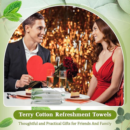 50 Pcs Moist Towelettes Individually Wrapped Scented Disposable Face Towels Essential Oil Infused Moist Terry Cotton Towel for Use Hot or Cold Travel Body Spa (Mint, Eucalyptus Leaves)