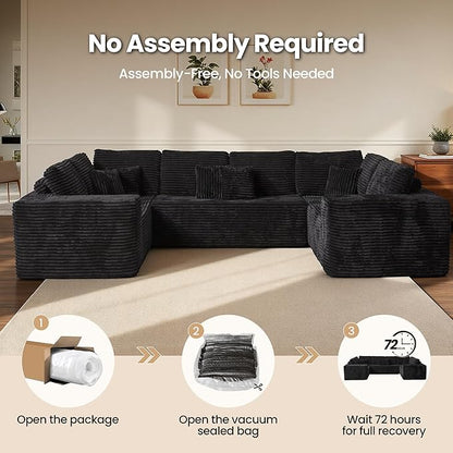 Cloud Sectional Couch with Loveseat, Boneless U-Shaped Cloud Couch with Deep Seat, Soft Plush Modern Minimalist Sofa, Assembly Free Modular Floor Sofa for Office Living Room Apartment, Black