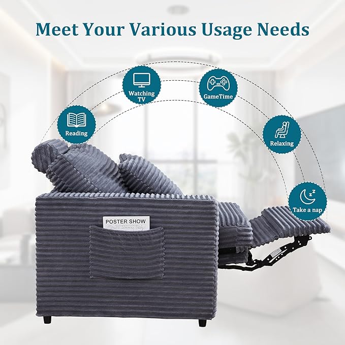 Power Reclining Sectional Sofa, Electric 3 Seat Recliner with 3 Electric Footrest and Adjustable Headrest, Modern Plush Corduroy Fluffy Reclining Sectional with Deep Seat for Living Room-Blue Grey