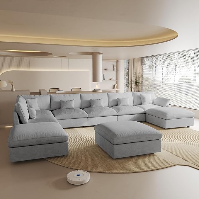 Oversized Modular Sectional Sofa with Chaise,192inch Cloud Couch Deep Seat Sofa Cushion Covers Removable, Down Filled Linen 9 Seater Sectional Couches for Living Room, Gray