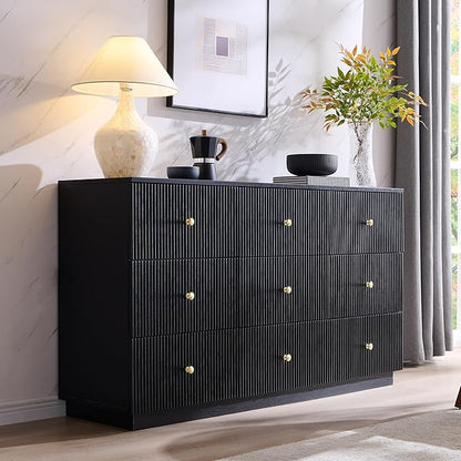 Fluted Dresser for bedroom, 55"W Black 9 Drawer Dressers, Wood Tall Dresser Storage Organizer, Modern Bedroom Chest of Drawers with Deep Storage for Closet Hallway, Entryway, Living Room Black