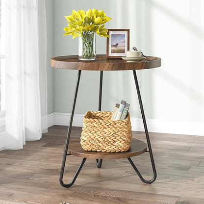 Tribesigns Round Side Table, 2-Tier End Table with Metal Legs, Modern Industrial Beside Table, Small Accent Table Snack Table for Living Room, Bedroom, Small Space, Easy Assembly, Brown