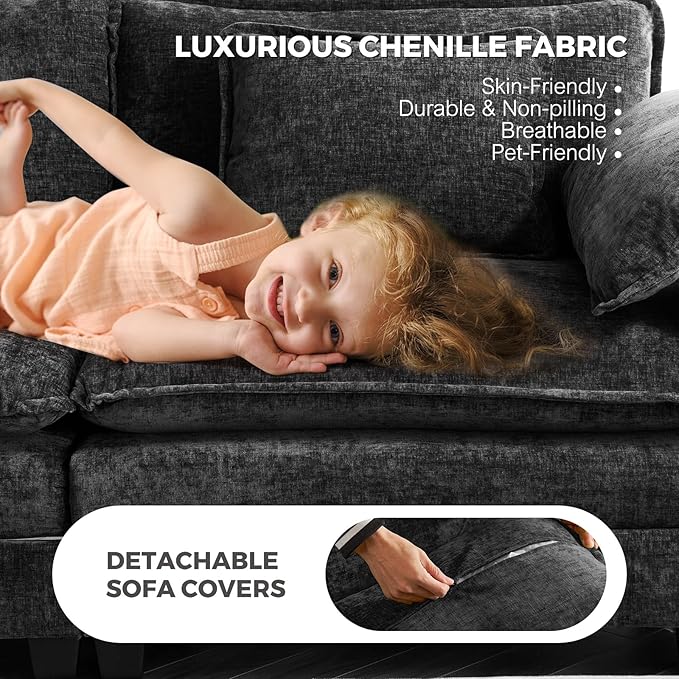 ELUCHANG Oversized 116" Modular Sectional Sofa, Comfy Cloud Couch, U Shaped Deep Seat Sofa Couches for Living Room, 5-Seater Modern Sofa with Movable Ottoman, DIY Combination - Chenille Black