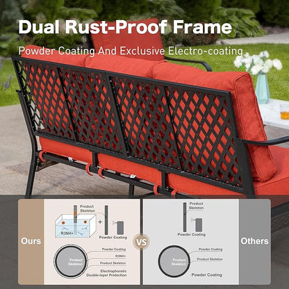 6 Piece Metal Outdoor Patio Furniture Set, Patio Conversation Set with Rocking Chair and 5.75" Thick Cushion & Coffee Tabl, Outdoor Seating Black Frame Backyard Furniture, Rust Red