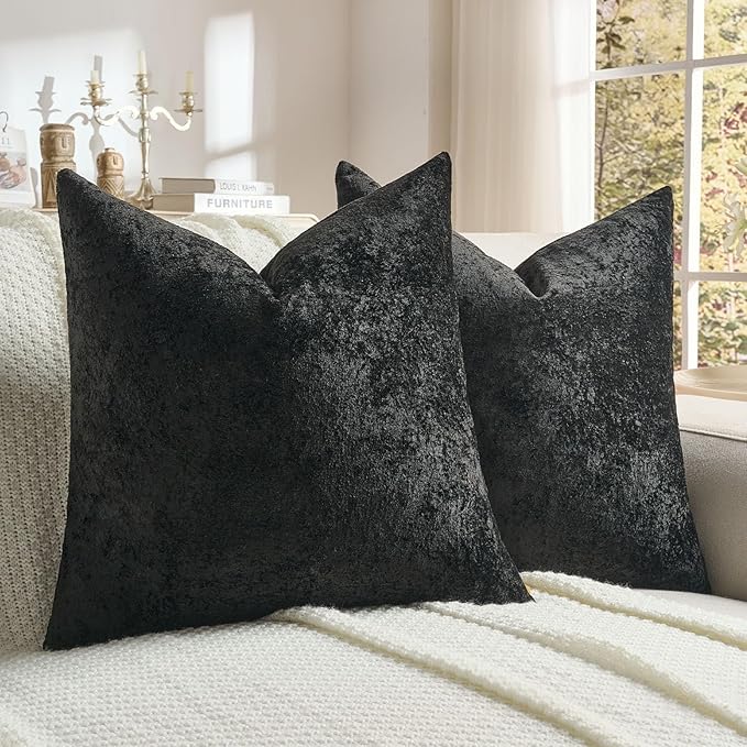 FUTEI Black Flannel Throw Pillow Covers 26x26 Inch Set of 2,Soft Dimensional Textured Euro Pillow Shams,Modern Home Decor for Couch Living Room