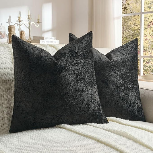 FUTEI Black Flannel Throw Pillow Covers 24x24 Inch Set of 2,Soft Dimensional Textured European Cushion Cases,Modern Home Decor for Couch Living Room