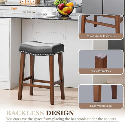 PrimeZone Counter Height Bar Stools Set of 2 - Backless Saddle Barstools with 4.3" Thick Upholstered, Nailhead Trim Faux Leather & Solid Wood Legs, 26 Inch Counter Stools for Kitchen Island, Black